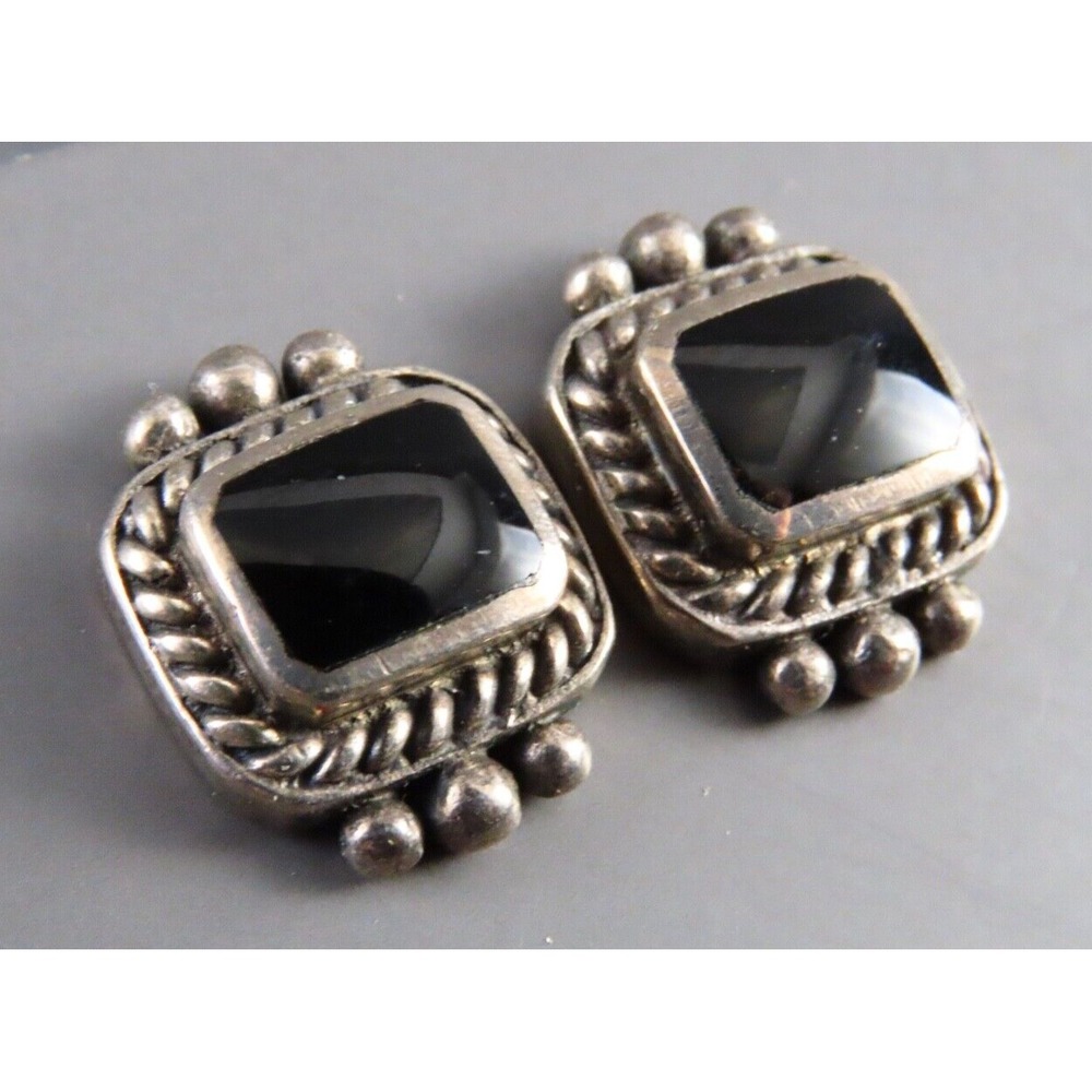 NF STERLING SILVER STUD EARRINGS Black Onyx Rectangle DOTTED & ROPE FRAME TRIM